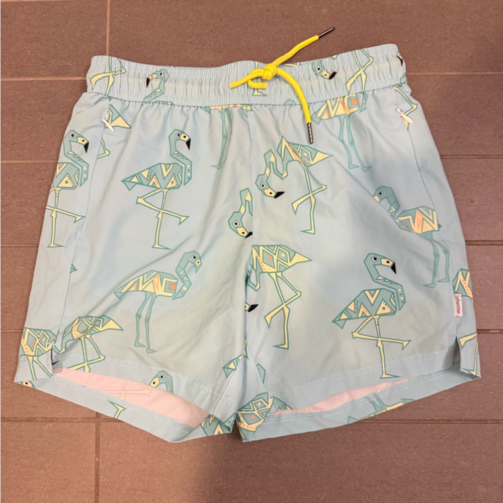 Men's Flamingo Print Swim Trunks - Light Blue